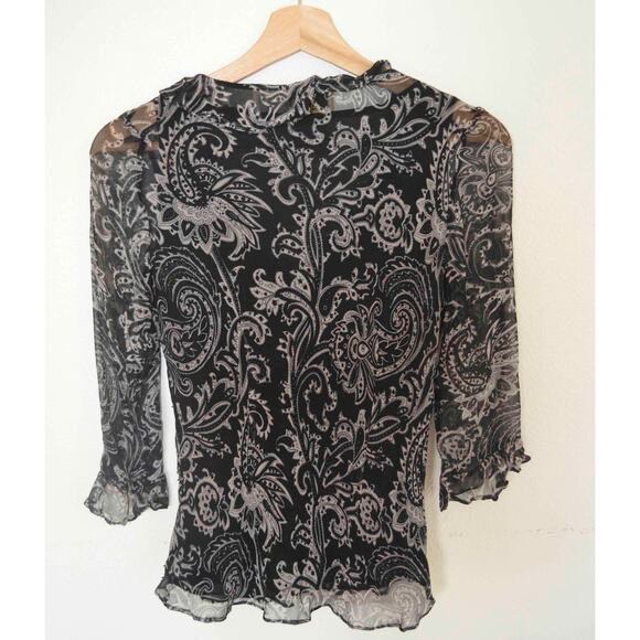 Y2K Ice Silk Paisley Beaded Ruffle Neckline Blouse Size Small - Picture 5 of 5
